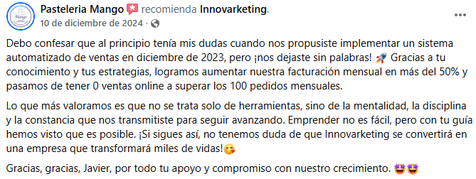 Testimonio Pastelería Mango - Aumentó 50% su facturación con automatización IA