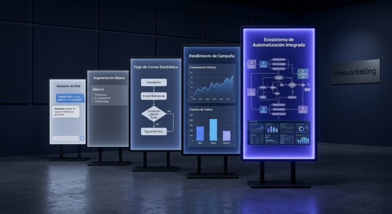 Los cinco niveles de uso de IA representados como pantallas en progresión de complejidad — Innovarketing