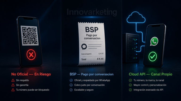 Smartphone con WhatsApp bloqueado por Meta — diferencia entre bot QR, BSP y Cloud API — Innovarketing