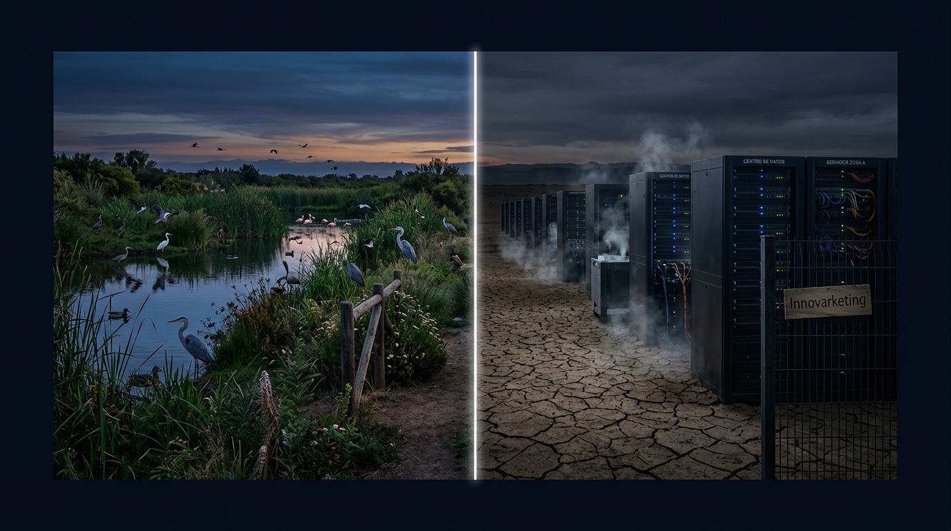 Contraste entre un humedal vivo y un data center de IA sobre tierra seca en Quilicura, Chile